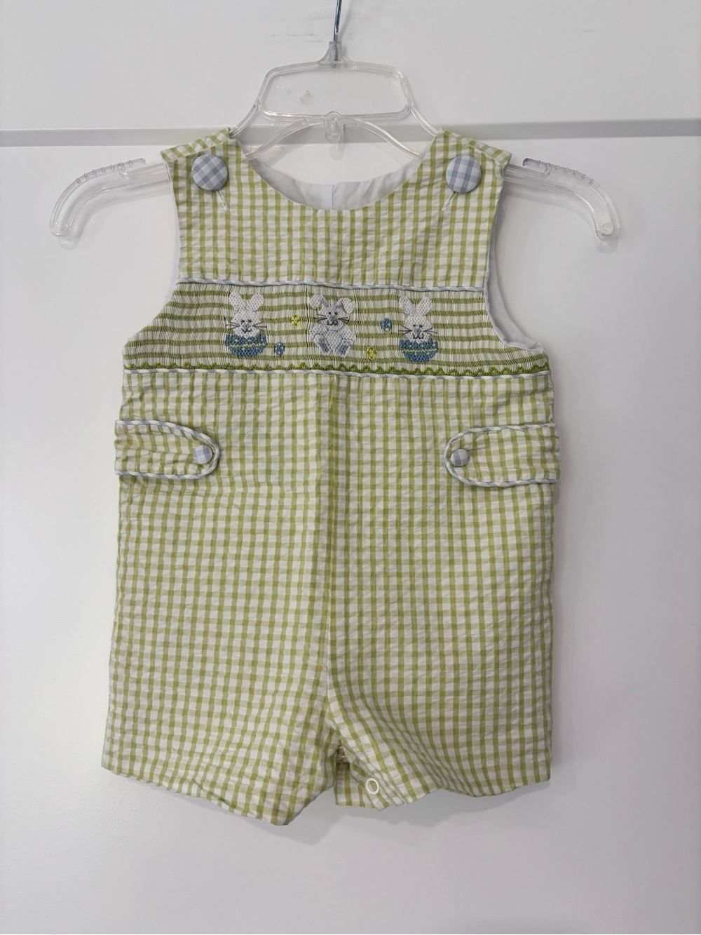 Southern Smocked Company Green Gingham Easter Bunny Smock Jonjon Romper 12m